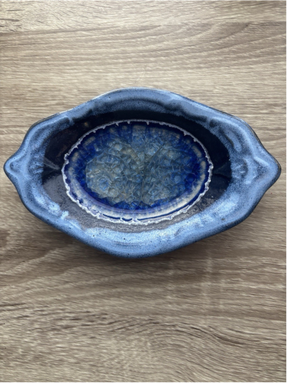 Clay Glazed Fired With Blue Glass Trinket Decor Ring Dish USA Made Hand Thrown
